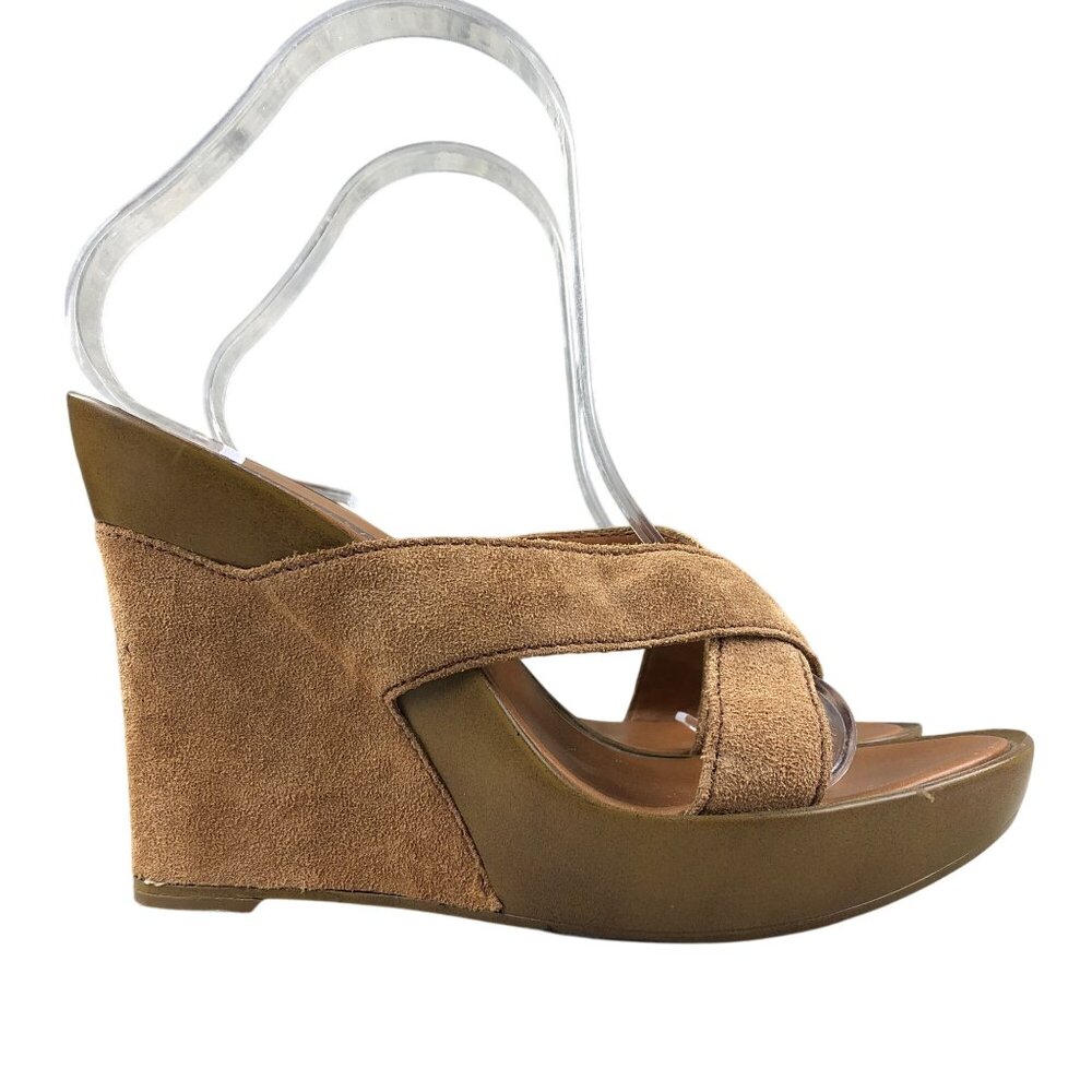 Nine West Womens Size 8M Maylin Brown Suede Leather High Heel Criss Cross Wedges
